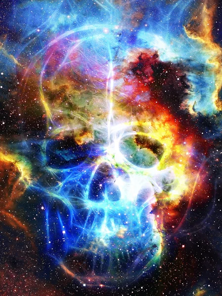 Calavera y efecto fractal. Fondo de espacio de color, collage informático. Elementos de esta imagen proporcionados por la NASA. —  Fotos de Stock