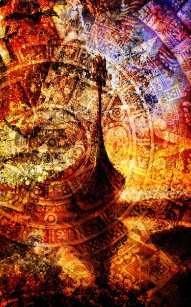 Boat on the beach with Ancient Mayan Calendar, abstract color Background, computer collage, . — Stock Photo, Image