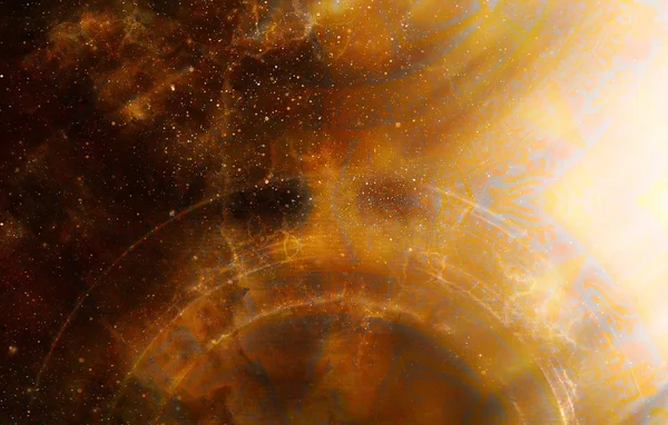 古代マヤのカレンダー、宇宙空間や星、抽象的な色背景、コンピューター コラージュ. — ストック写真