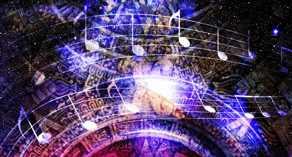 Alter Maya-Kalender und Musiknotiz, kosmischer Raum mit Sternen, abstrakter Farbhintergrund, Computercollage. — Stockfoto