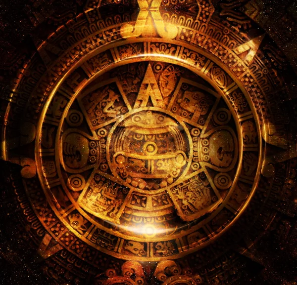 Antik Maya takvim, kozmik uzay ve yıldız, soyut renk arka plan, bilgisayar kolaj.