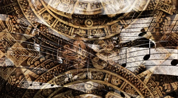 Ancient Mayan Calendar and  Music note, Cosmic space with stars, abstract color Background, computer collage. — Φωτογραφία Αρχείου