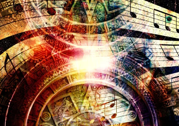 Ancient Mayan Calendar and  Music note, Cosmic space with stars, abstract color Background, computer collage. — Stockfoto