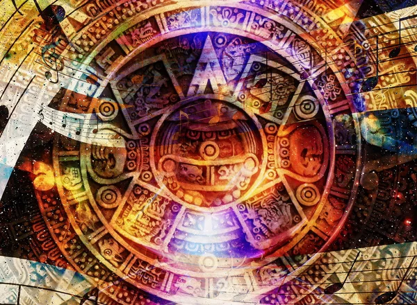 Ancient Mayan Calendar and  Music note, Cosmic space with stars, abstract color Background, computer collage. — ストック写真