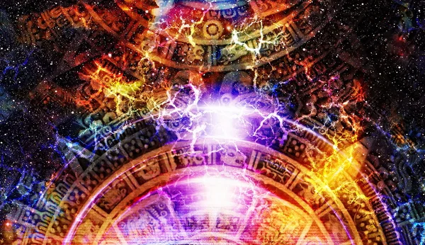 Ancien calendrier maya, espace cosmique et étoiles, couleur abstraite Arrière-plan, collage informatique . — Photo