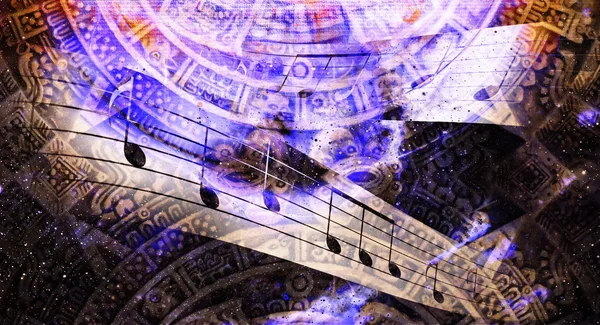 Antiguo calendario maya y nota musical, espacio cósmico con estrellas, fondo de color abstracto, collage informático . —  Fotos de Stock