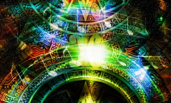 Ancient Mayan Calendar and  Music note, Cosmic space with stars, abstract color Background, computer collage. — Stok fotoğraf