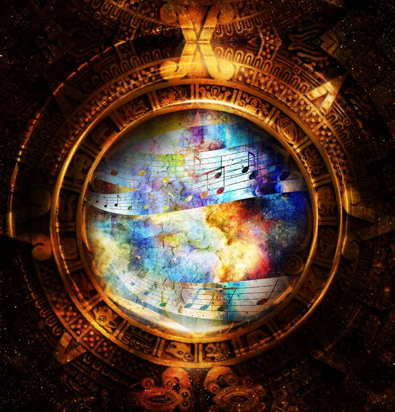 Ancient Mayan Calendar and  Music note, Cosmic space with stars, abstract color Background, computer collage. — стокове фото