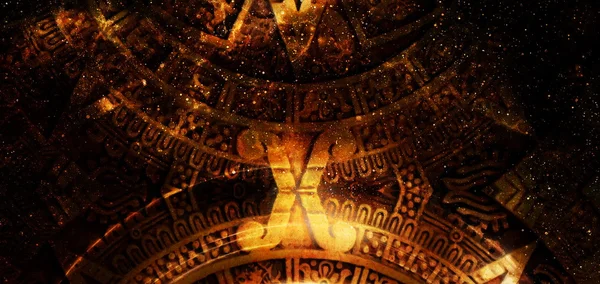 Ancient Mayan Calendar, Cosmic space and stars, abstract color Background, computer collage. — Stock Photo, Image