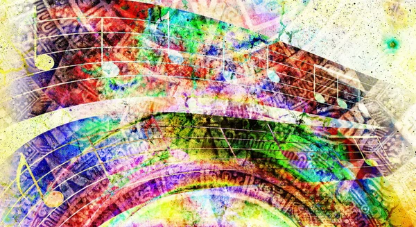 Calendrier maya antique et note de musique, Espace cosmique avec étoiles, couleur abstraite Arrière-plan, collage informatique . — Photo