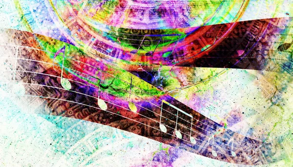 Antiguo calendario maya y nota musical, espacio cósmico con estrellas, fondo de color abstracto, collage informático . — Foto de Stock