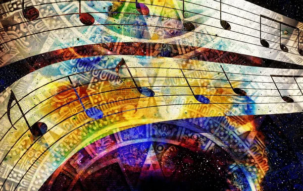 Antiguo calendario maya y nota musical, espacio cósmico con estrellas, fondo de color abstracto, collage informático . —  Fotos de Stock