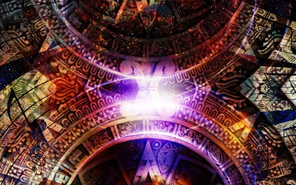 Antiguo Calendario Maya y silueta de música Audio Altavoz y nota musical, Espacio cósmico con estrellas, color abstracto Fondo, collage de computadora. Círculo de luz. Concepto musical . — Foto de Stock