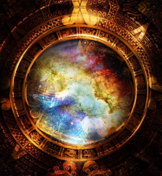 Ancient Mayan Calendar and  Music note, Cosmic space with stars, abstract color Background, computer collage. — Stock Fotó