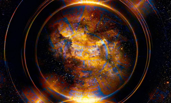 Стародавні Календар Майя, космічного простору і зірки, абстрактні колір фону, комп'ютер колаж. — стокове фото