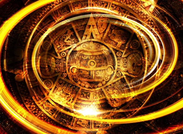 Ancient Mayan Calendar and  Music note, Cosmic space with stars, abstract color Background, computer collage. — ストック写真