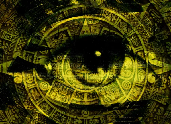 Antiguo calendario maya y ojo de mujer con nota musical, color abstracto Fondo, collage informático . — Foto de Stock