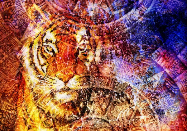 Viking Boat on the beach with wood dragon and Tiger head, and Ancient Mayan Calendar, abstract color Background, computer collage, Eye contact. — Stock Photo, Image