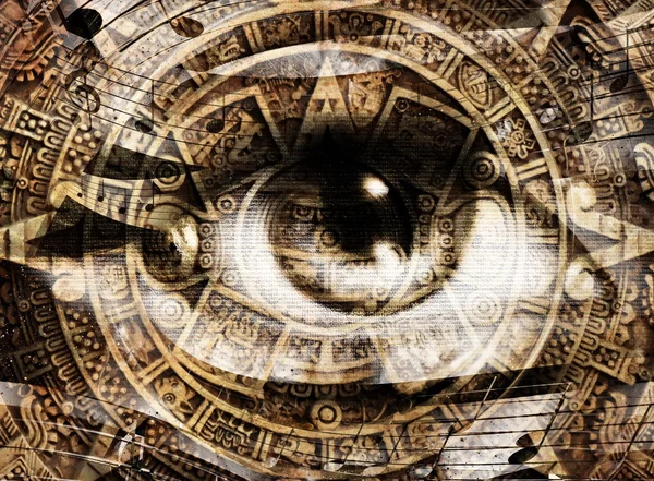 Ancient Mayan Calendar and woman eye with  Music note, abstract color Background, computer collage. — Stock Photo, Image