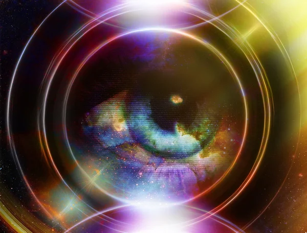 女性の目と星と黄色光と音楽スピーカー シルエット宇宙空間。抽象的な背景, アイコン タクト, 音楽のコンセプト — ストック写真