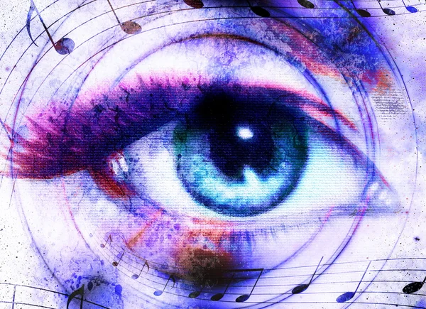 Woman Eye and music note and cosmic space with stars. abstract color background, eye contact.