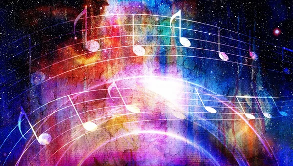 Музична записка і простір і зірки з абстрактним кольоровим фоном . — стокове фото