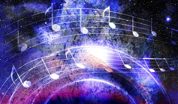 Music note and  Space with stars. abstract color background. Music concept. — Zdjęcie stockowe