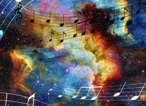 Nota de música e espaço e estrelas com fundo de cor abstrata . — Fotografia de Stock