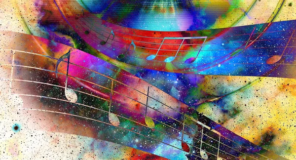 Note de musique et Espace avec étoiles. fond de couleur abstrait. Concept de musique . — Photo