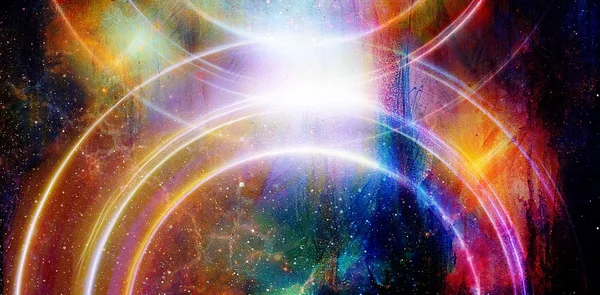 光の輪を持つ宇宙空間と星、色の宇宙抽象的な背景. — ストック写真