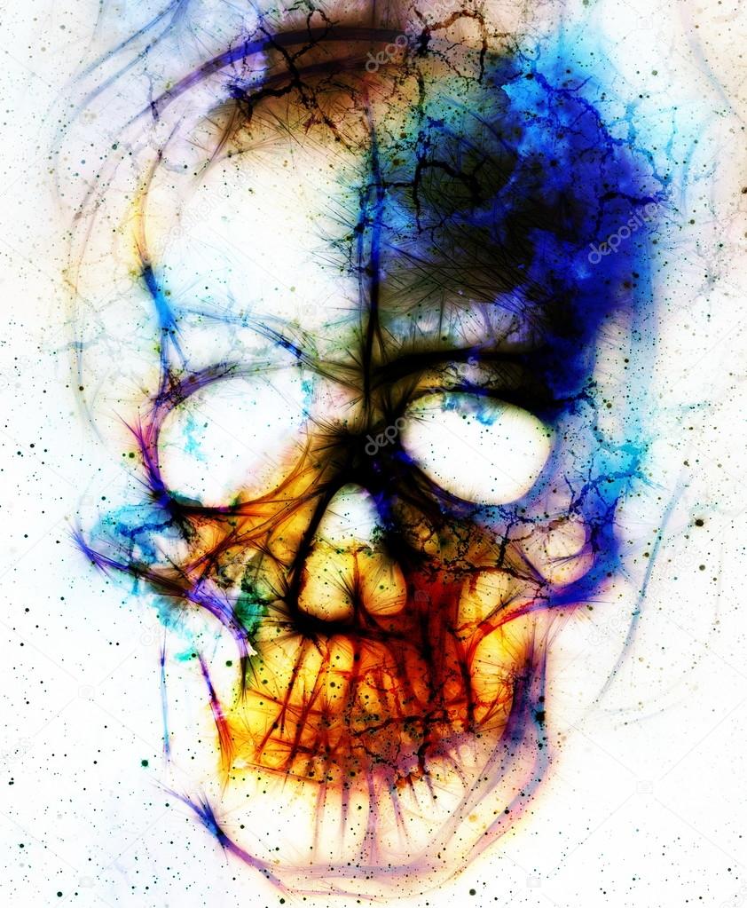 Skull and fractal effect. Color abstract background, computer collage.