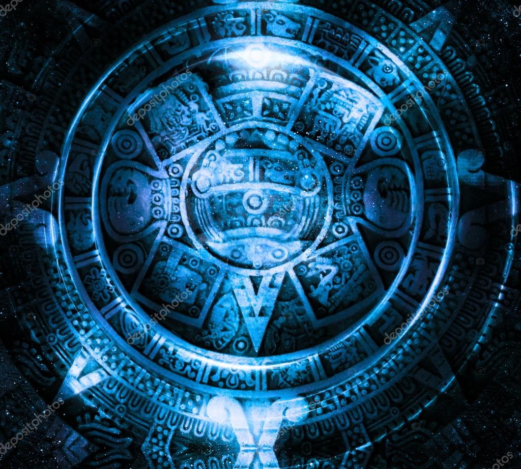 Ancient Mayan Calendar, Cosmic space and stars, abstract color Background, computer collage