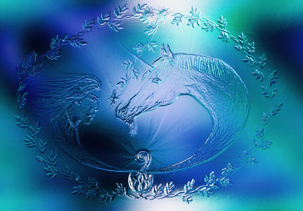 Elf and unicorn with beautiful flower. Draw on vintage paper. Profile portrait. Glass and ice structure, blue color.