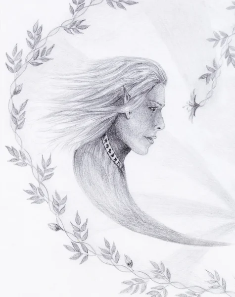 Elfo de dibujo a mano con hermosa flor. Dibuja sobre papel vintage. Retrato de perfil . — Foto de Stock