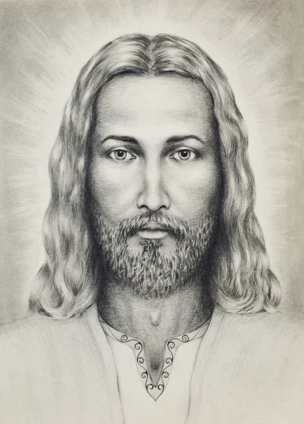 Blyerts teckning av Jesus på vintage papper, med ornament på kläder. ögonkontakt. — Stockfoto