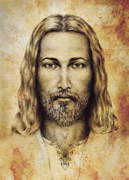 Карандаши рисуют Иисуса на винтажной бумаге. с украшениями на одежде. Старая бумага из сепии. Смотреть в глаза. Духовная концепция. — стоковое фото