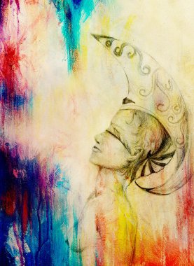Drawing sexy Young woman with ornament on face and Headband.  And color spots on background.