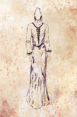 sketch of mystical woman  in beautiful ornamental dress  inspired by middle age desig.