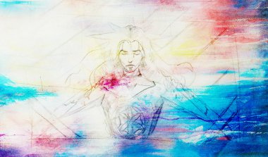 Slovenian goddess crucified, History Concept. pencil drawing on old paper. And color spots on background.