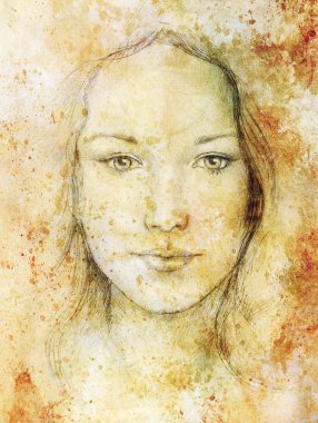 Drawing portrait Young woman with ornament on face, vintage paper structure and sepia color. Eye contact.