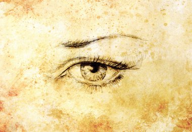 Woman eye, Hand draw on paper, fashion illustration. And old vintage paper structure.
