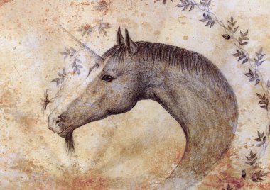 Draw unicorn and beautiful flower, original hand draw. And old vintage paper structure.