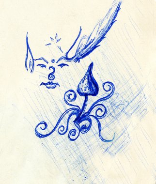 pen drawing on old paper elf with stars and ornament and psychedelic mushroom. Sketch on paper.