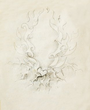 Beautiful Ornamental pencil drawing on old paper. Heart and fire with flash.
