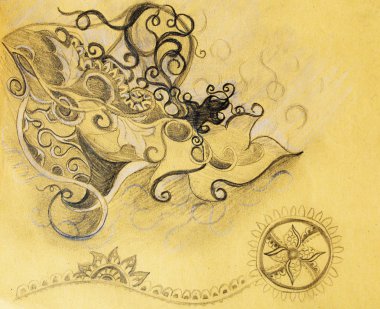 Güzel süsleme, eski kağıt üzerine çizim kalem.