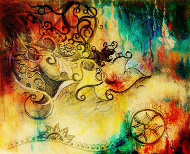 Güzel süsleme, eski kağıt üzerine çizim kalem. Ve arka plan rengi lekeler.