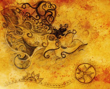 Güzel süsleme, eski kağıt üzerine çizim kalem. Ve arka plan rengi lekeler.