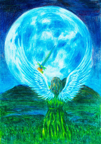 Angel holding sword in landscape, and moon in background. Original painting.