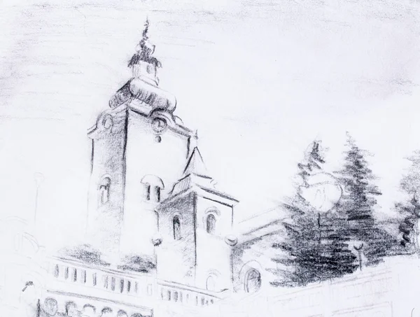 Lápis esboço igreja, desenho em papel vintage . — Fotografia de Stock