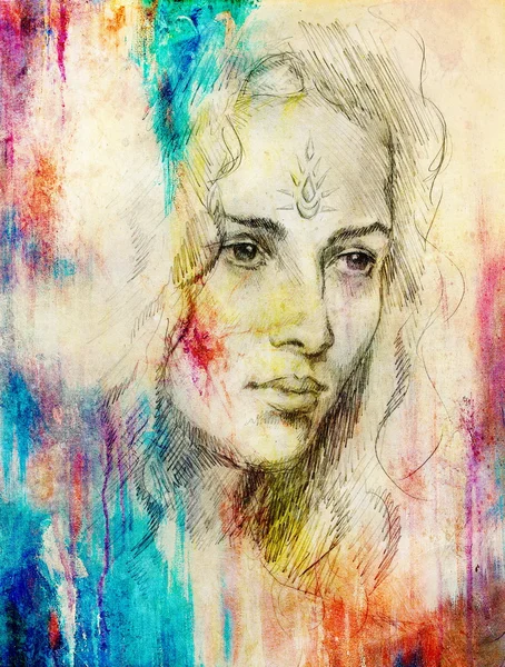 Desenho retrato Jovem mulher com ornamento no rosto, pintura a cores em fundo abstrato, colagem de computador . — Fotografia de Stock